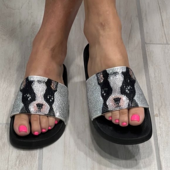 INC International Concepts Shoes - INC Blingy Rhinestone Pool Slides with Boston Terrier Dog Pictured Size 7